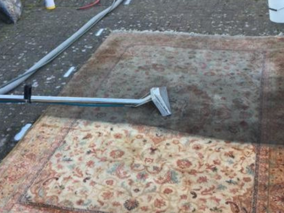 This is a photo of a floral rug that is being steam cleaned. The bottom half has been completed and the top half is being done works carried out by Worcester Park Carpet Cleaning